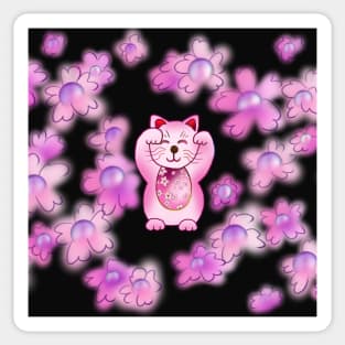 Cute pink maneki neko with pearl flowers Sticker